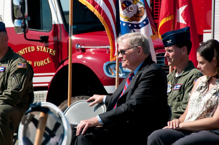 Senator Kit Bond speaks to members of the 139th Airlift Wing and Missouri community leaders at the ground breaking ceremony for the new 139th Fire Department building, June 4, 2010. (U.S. Air Force photo by Master Sgt. Shannon Bond) (RELEASED)