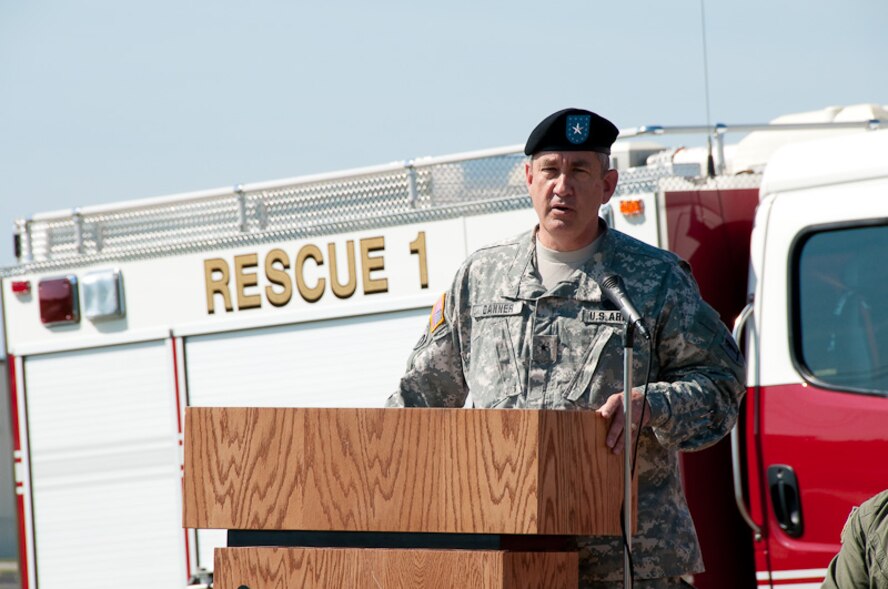 Missouri Adjutant General Stephen Danner speaks to members of the 139th Airlift Wing and Missouri community leaders at the ground breaking ceremony for the new 139th Fire Department building, June 4, 2010. (U.S. Air Force photo by Master Sgt. Shannon Bond) (RELEASED)