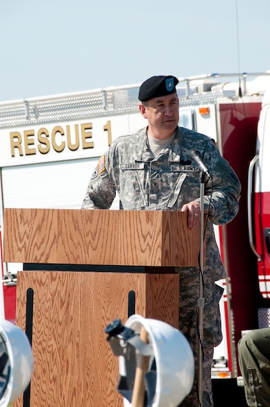 Missouri Adjutant General Stephen Danner speaks to members of the 139th Airlift Wing and Missouri community leaders at the ground breaking ceremony for the new 139th Fire Department building, June 4, 2010. (U.S. Air Force photo by Master Sgt. Shannon Bond) (RELEASED)