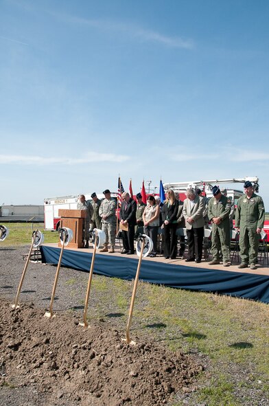 Members of the 139th Airlift Wing and Missouri community leaders come together to break ground at the new 139th Fire Department building site June 4, 2010. (U.S. Air Force photo by Master Sgt. Shannon Bond) (RELEASED)