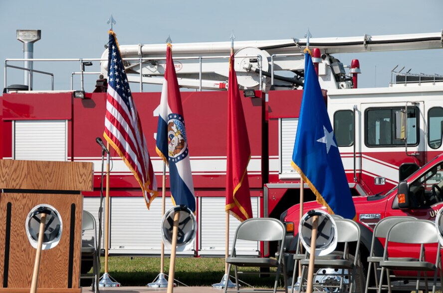 Members of the 139th Airlift Wing and Missouri community leaders come together to break ground at the new 139th Fire Department building site June 4, 2010. (U.S. Air Force photo by Master Sgt. Shannon Bond) (RELEASED)