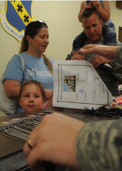 DYESS AIR FORCE BASE, Texas-- Autumn Kibler, 5, turns in her mock deployment orders during Operation Dyess Kids June 4 here. Autumn is the daughter of Staff Sgt. Paul Kibler, 7th Operations Support Squadron. The purpose of Operation Dyess Kids was to help the children understand why parents deploy and what they go through during a deployment, as well as to encourage parent-child communication. The program aimed to ease some of the tension children have about their parents' deployments, which allows the deployers to focus on the mission.(U.S Air Force photo/ Airman 1st Class Shannon Hall)