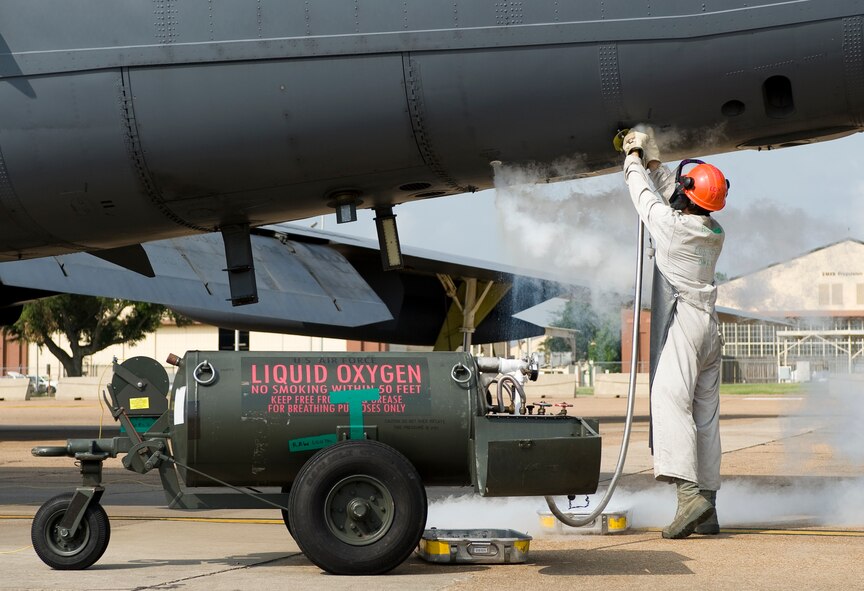 BARKSDALE AIR FORCE BASE, La. – Airman 1st Class Lucas Guthrie, a crew chief with the 2d Aircraft Maintenance Squadron, pumps liquid oxygen into a B-52 Stratofortress during a nuclear operational readiness exercise June 3. The liquid oxygen is converted to gas and provides breathable air to the aircrew at high altitudes. The exercise is being held to prepare Barksdale Airmen for the upcoming nuclear operational readiness inspection in mid-June. (U.S. Air Force photo/Senior Airman Chad Warren)