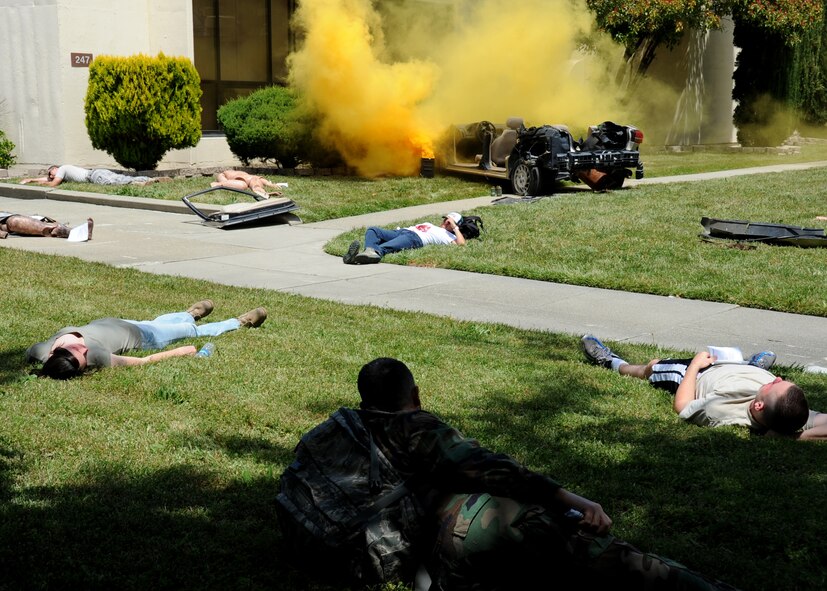 An initial explosion starts off an emergency response exercise on 12 May 2010 at Travis Air Force Base, California.  (U.S. Air Force photo by Civ/Jay Trottier)  