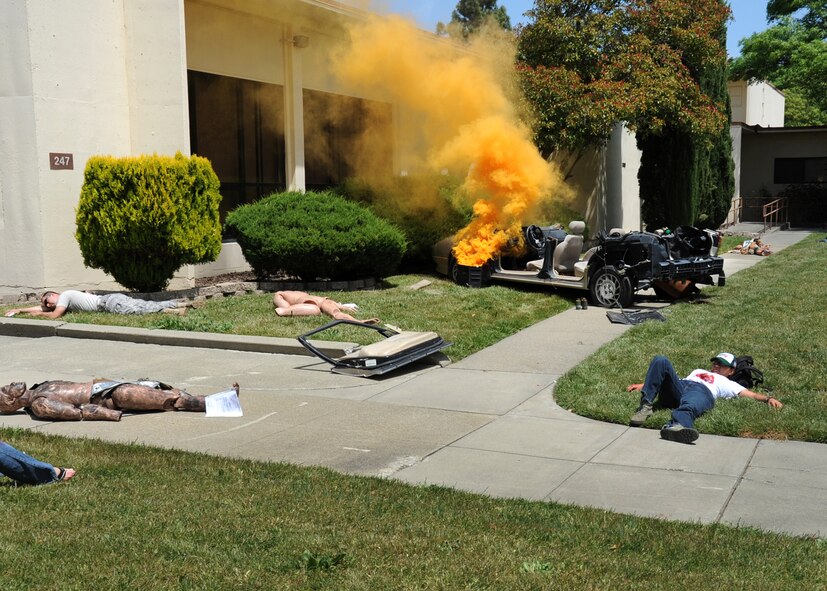 An initial explosion starts off an emergency response exercise on 12 May 2010 at Travis Air Force Base, California.  (U.S. Air Force photo by Civ/Jay Trottier)  