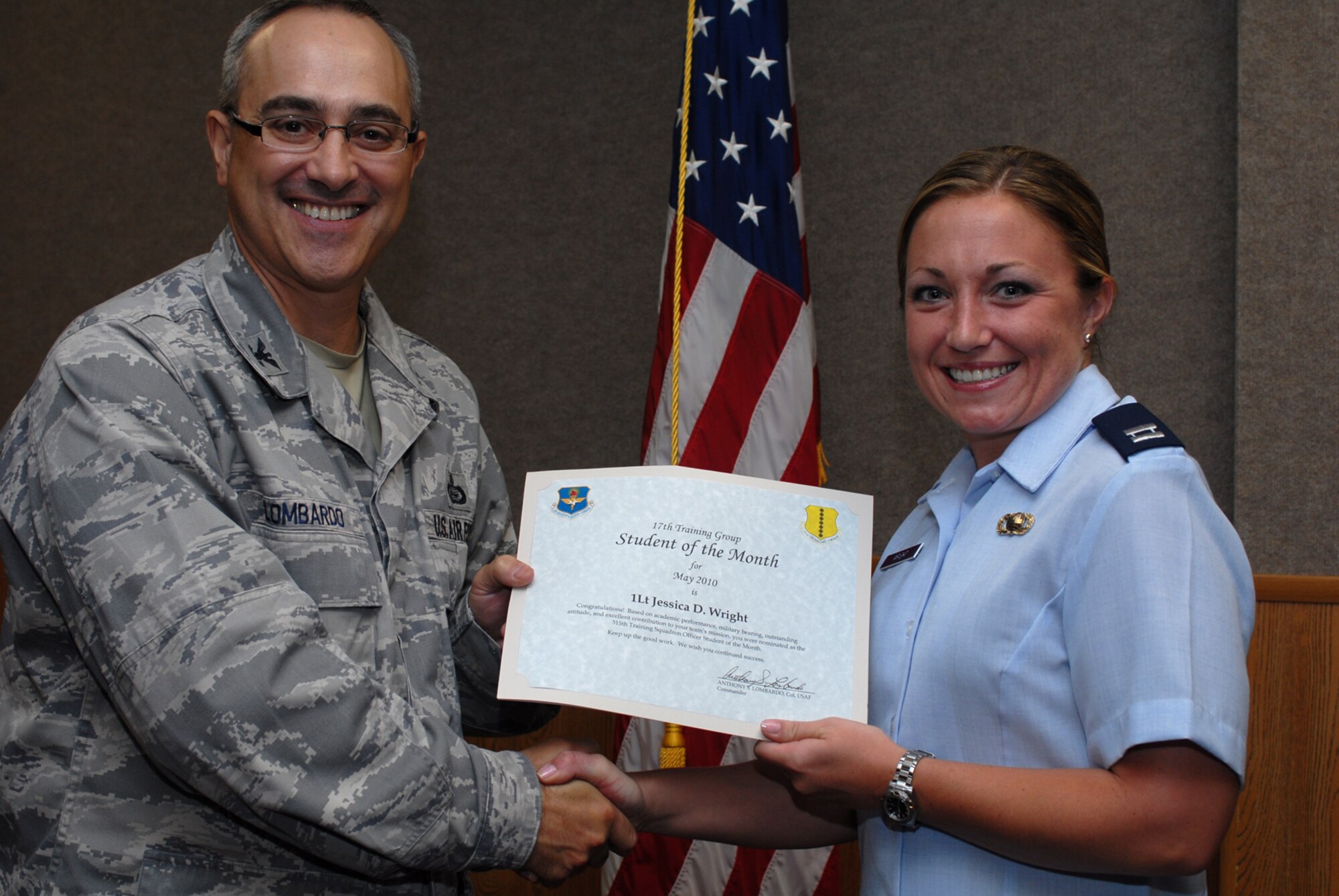 GOODFELLOW AIR FORCE BASE, Texas -- Capt. Jessica Wright, 315th Training Squadron officer student of the month, June 4, 2010. (U.S. Air Force photo/Staff Sgt. Laura R. McFarlane)
