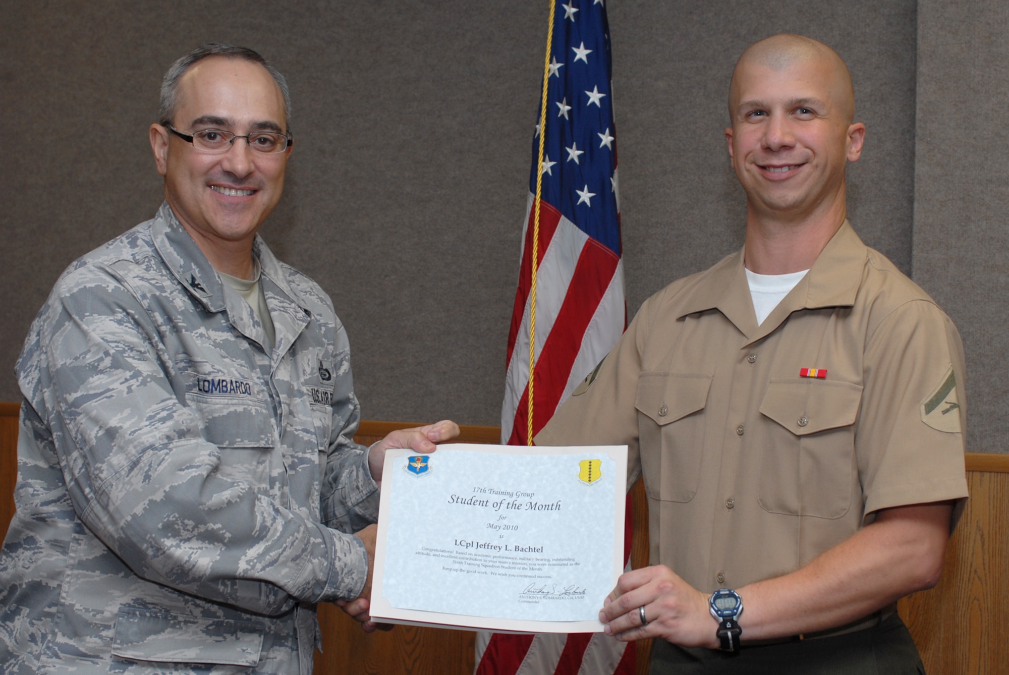 GOODFELLOW AIR FORCE BASE, Texas -- Marine Lance Cpl. Jeffrey Bachtel, 316th Training Squadron student of the month, June 4, 2010. (U.S. Air Force photo/Staff Sgt. Laura R. McFarlane)

