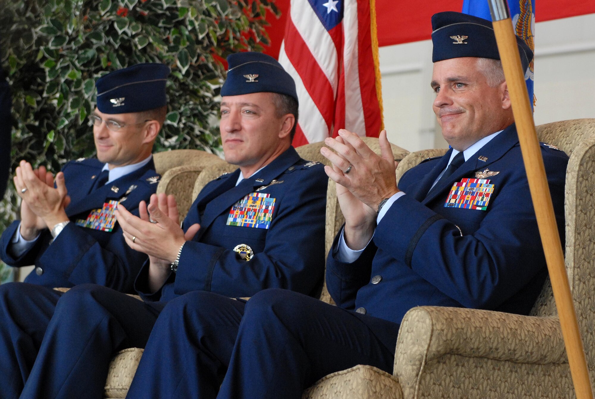 Col. C.K. Hyde, 314th Airlift Wing commander, Col. Patrick Mordente, 314th Operations Group outgoing commander, and Col. Michael Bauer, 314th Operations Group incoming commander, welcome guests to the 314th OG Change of Command 
Ceremony, June 4, on base. The 314th Airlift Wing and Team Little Rock welcomed Col. Bauer and his family upon assuming command of the group. (U.S. Air Force photo by Senior Airman Steele C. G Britton)
