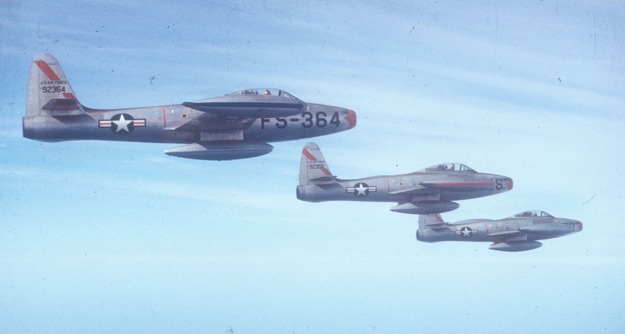 F-84s of the 27th FEG. Unfortunately, the straight-wing F-84 was not as capable as the swept-wing MiG-15 in air-to-air combat.  Still, the F-84 saw widespread use as an effective ground attack aircraft in Korea. (U.S. Air Force photo)