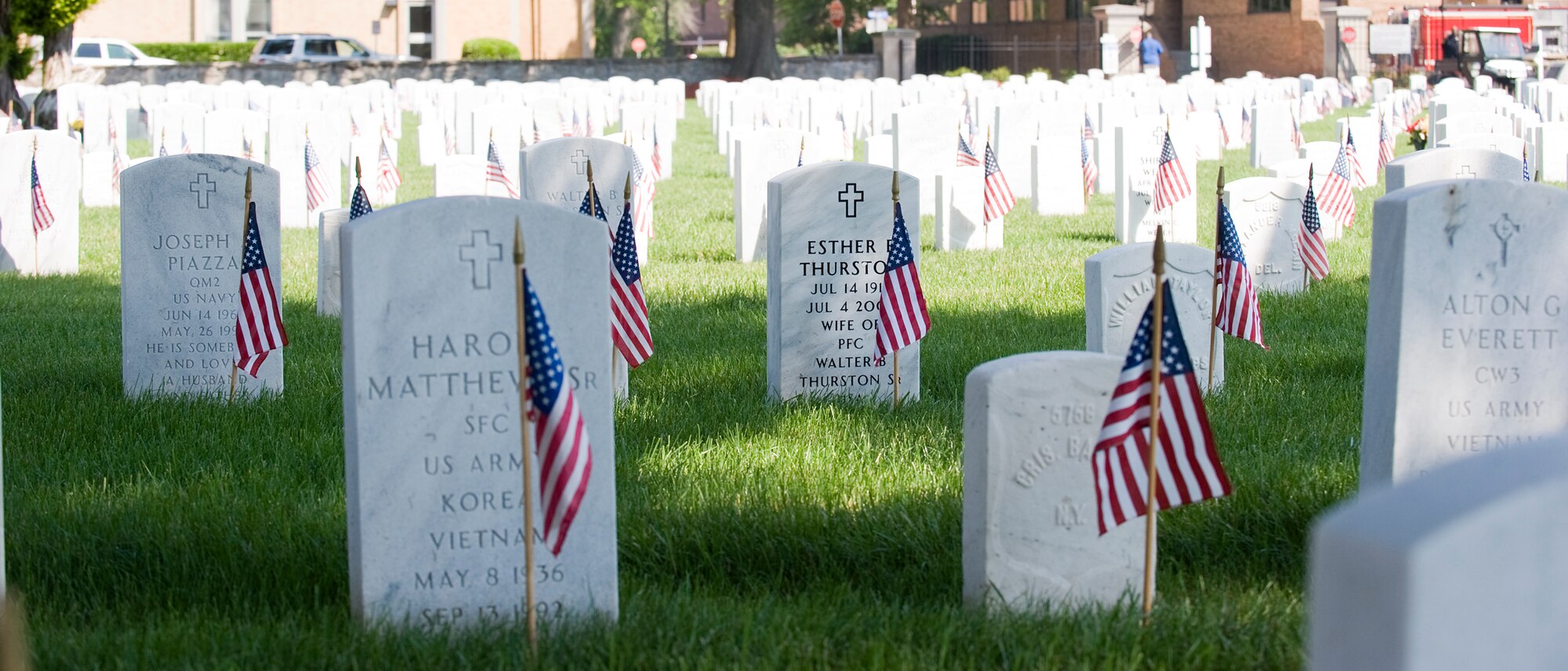 LANGLEY AIR FORCE BASE, Va. -- Headstones mark the burial sites of the fallen at Hampton National Cemetery during the Memorial Day Ceremony May 31.  The ceremony was held to honor servicemembers lost in the line of duty.  (U.S. Air Force photo/Senior Airman Zachary Wolf)
