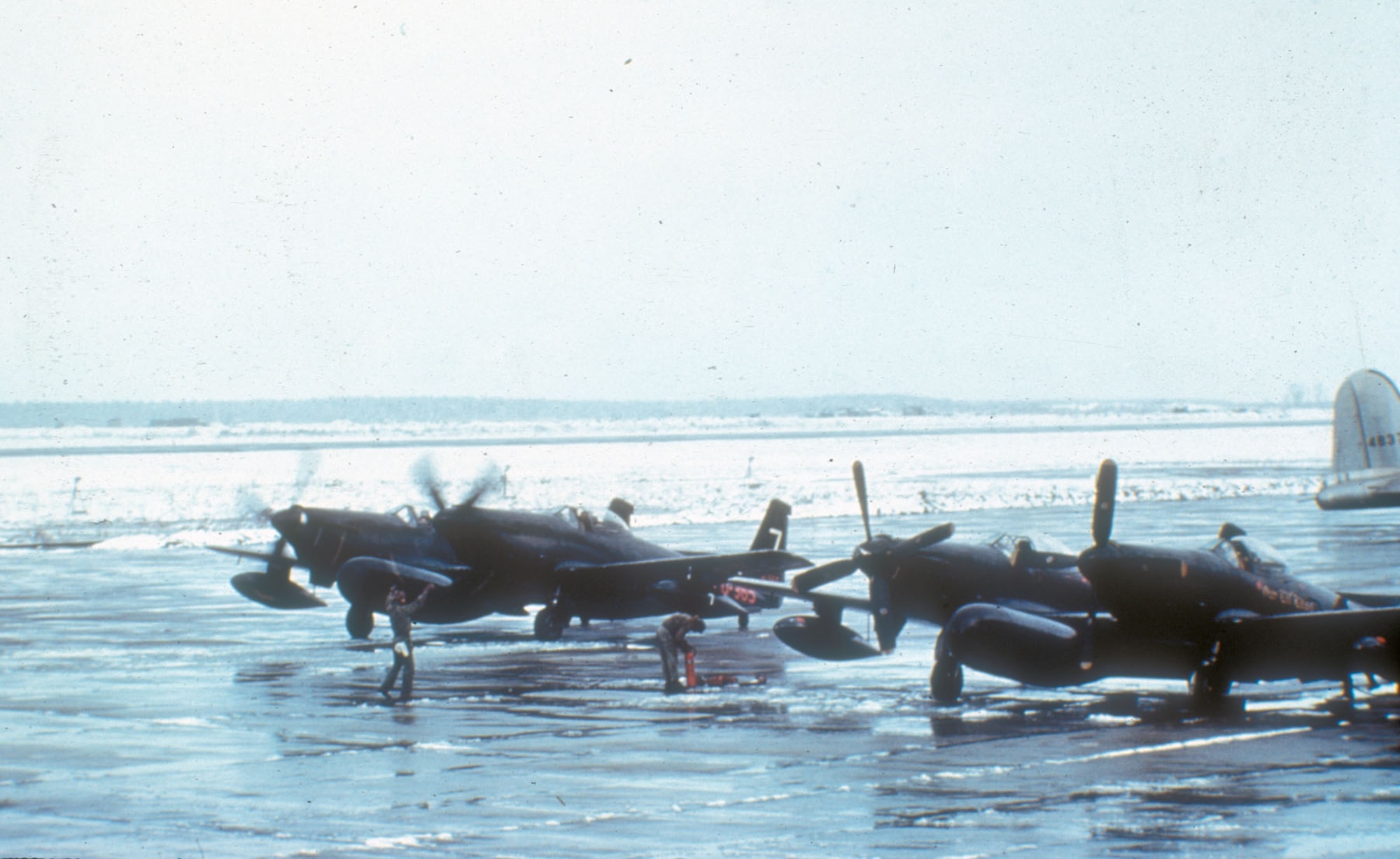 All-weather F-82G fighters at an air base in Japan. The USAF was forced to base some of its fighter units in Japan when communist forces overran South Korean bases in 1950 and 1951. (U.S. Air Force photo)