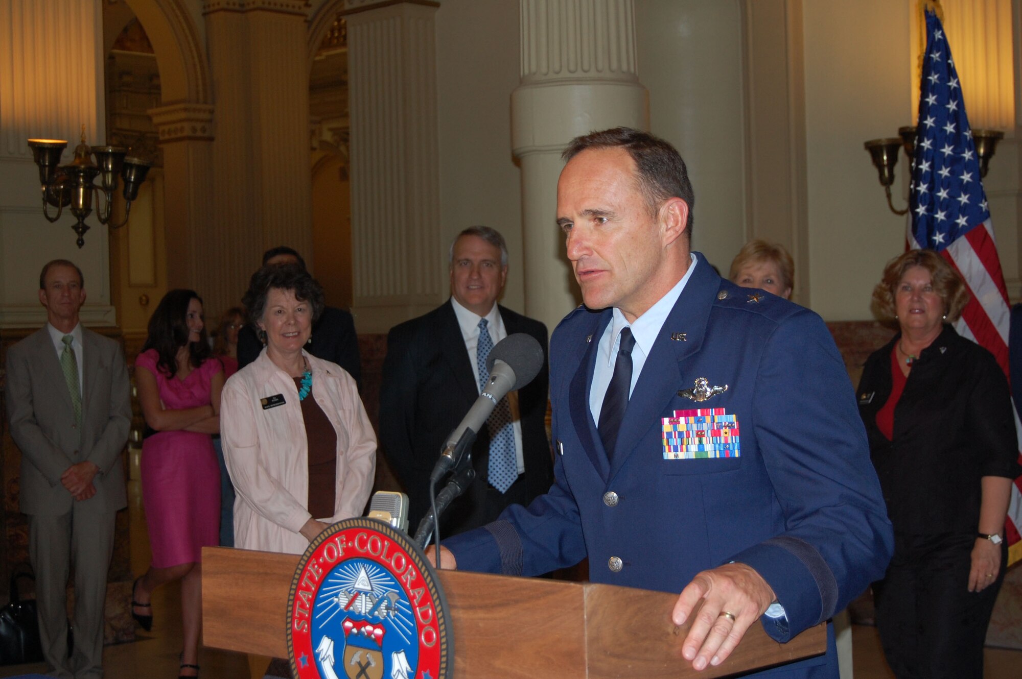 Brig Gen. Trulan Eyre, 140th Wing Commander, Colorado Air National Gaurd, thanks the legislature for their support prior to Gov. Ritter signing House Bill 1205.