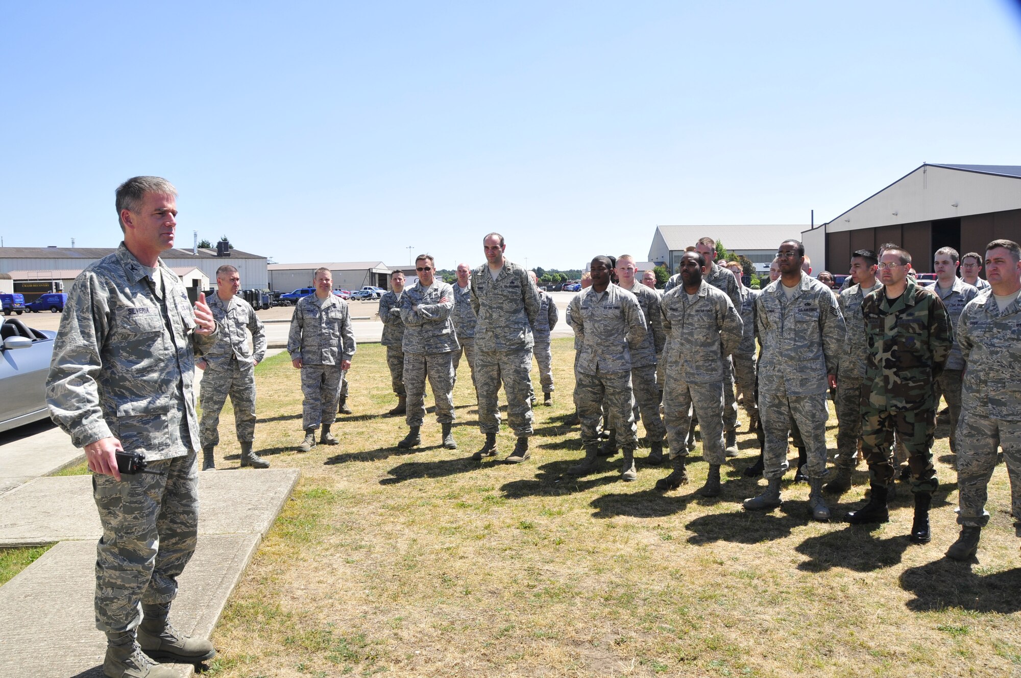 Col. Jay Silveria, 48th Fighter Wing commander, says a few words to Airmen in attendance at the flightline fitness annex grand opening June 3. The gym is available to all active-duty military or civilians to use 24 hours a day. (U.S. Air Force photo/Airman 1st Class Eboni Knox)