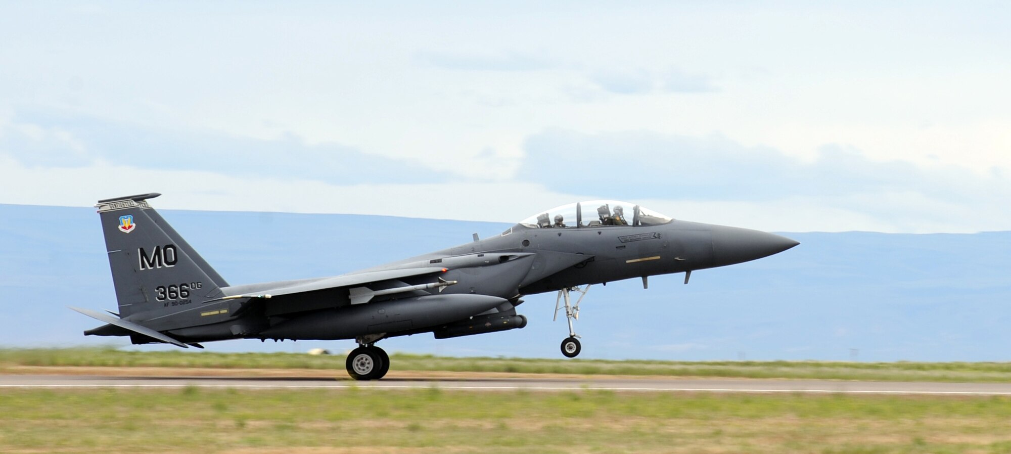 MOUNTAIN HOME AIR FORCE BASE, Idaho – Col. James McGovern, 366th Operations Group commander, takes off in an F-15E Strike Eagle during his final flight June 2. Colonel McGovern has been selected as the 607th Air and Space Operations Center commander at Osan Air Base, Korea. (U.S. Air Force photo by Airman 1st Class Debbie Lockhart)