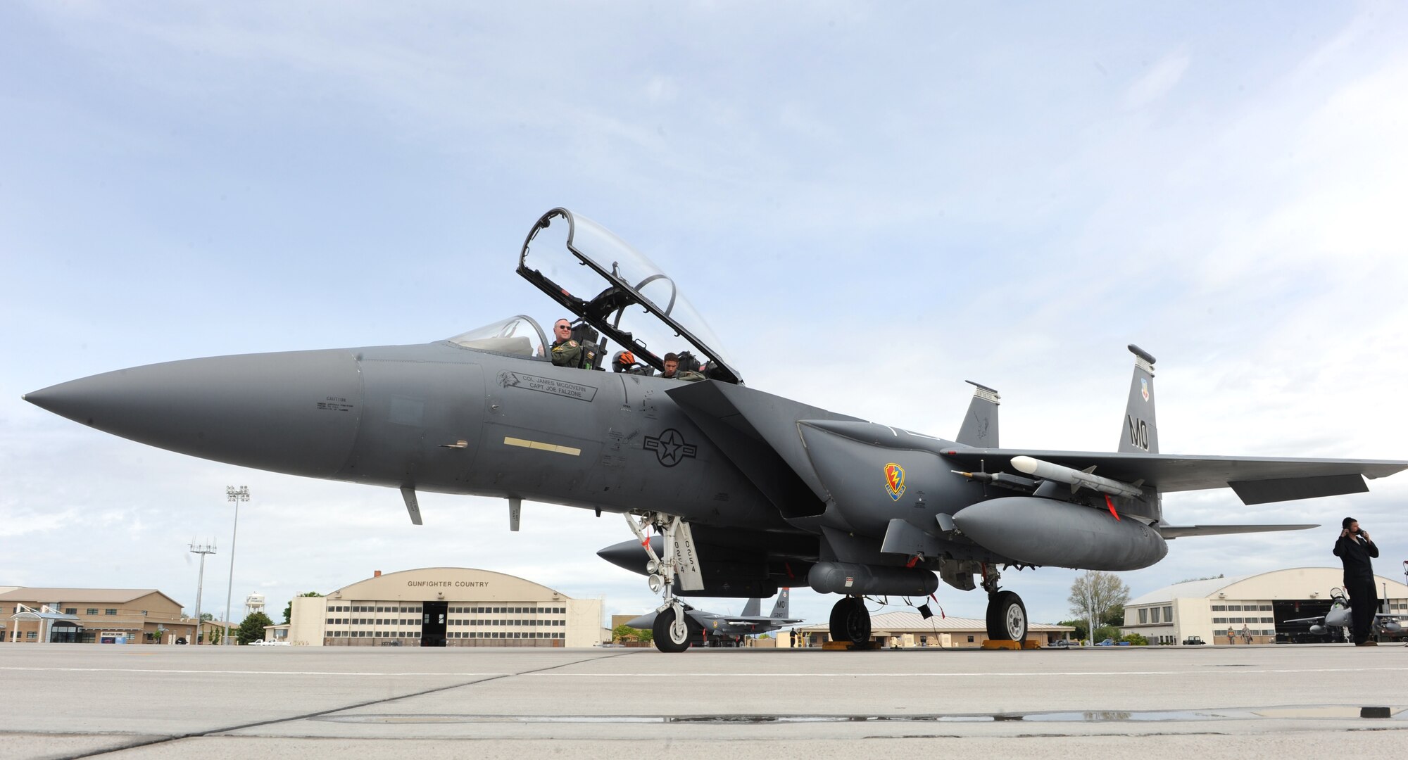 MOUNTAIN HOME AIR FORCE BASE, Idaho – Col. James McGovern, 366th Operations Group commander, performs a preflight check in an F-15E Strike Eagle before taking his final flight June 2. Colonel McGovern has been selected as the 607th Air and Space Operations Center commander at Osan Air Base, Korea. (U.S. Air Force photo by Airman 1st Class Debbie Lockhart)