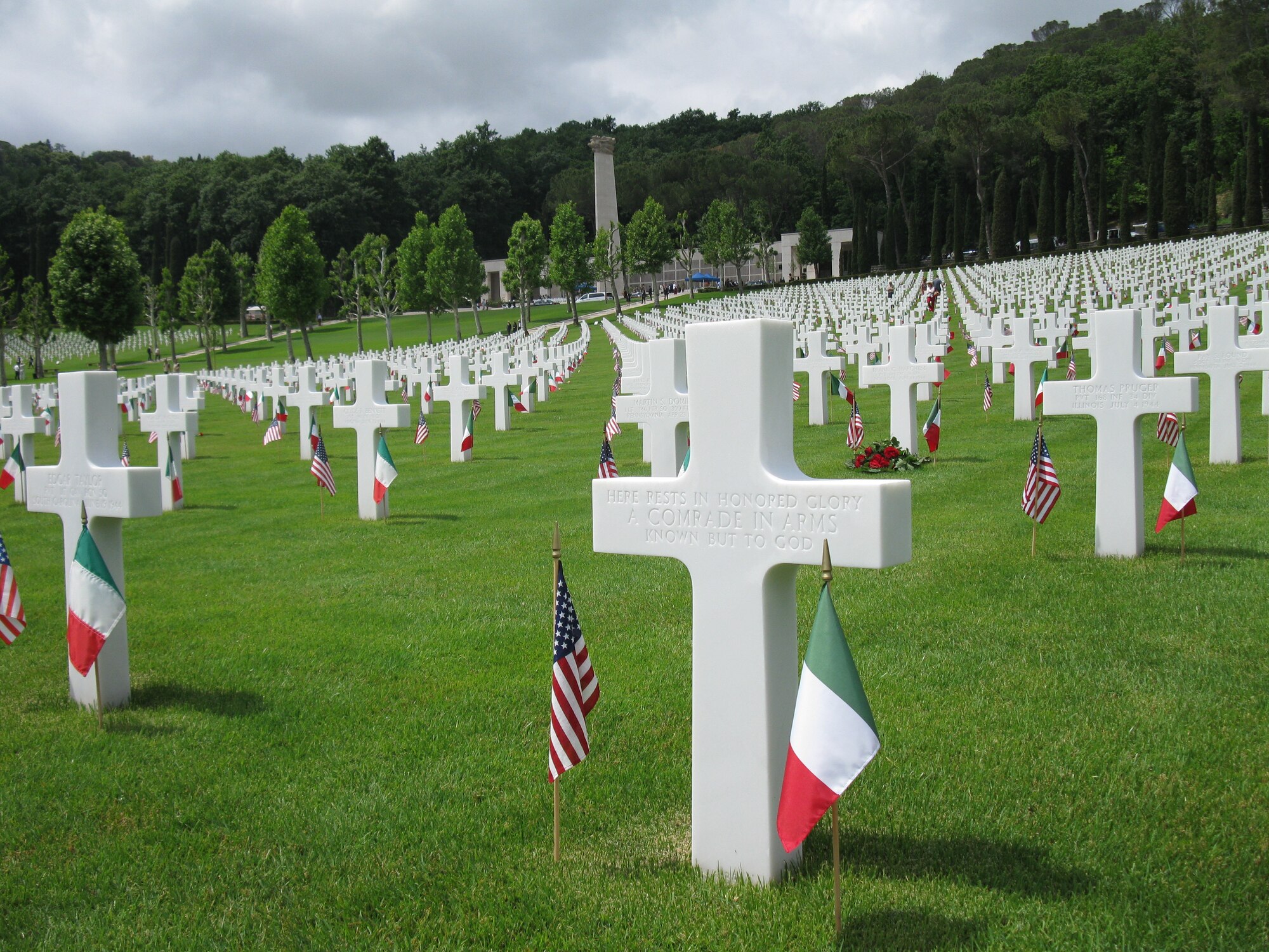 This tomb of an unknown soldier is among the grave markers at the Florence American Cemetery. Approximately 500 people gathered at the cemetery May 31 to remember the fallen during a Memorial Day service. (U.S. Air Force photo/2nd Lt. Brian Wagner)