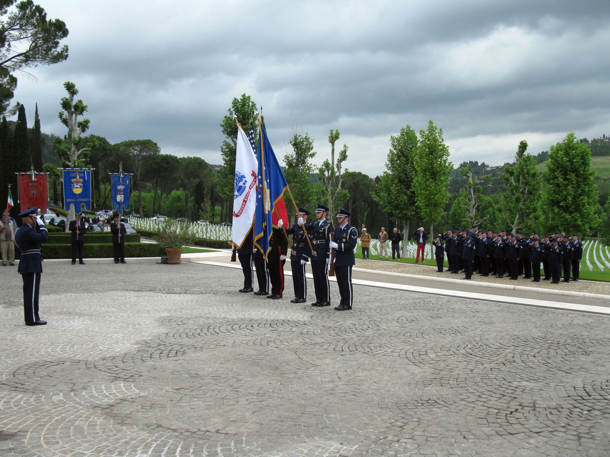Airmen with the 31st Fighter Wing participate in the Memorial Day ceremony held at the Florence American Cemetery May 31. Approximately 40 Airmen participated in the annual event held in Florence, Italy. (U.S. Air Force photo/2nd Lt. Brian Wagner)