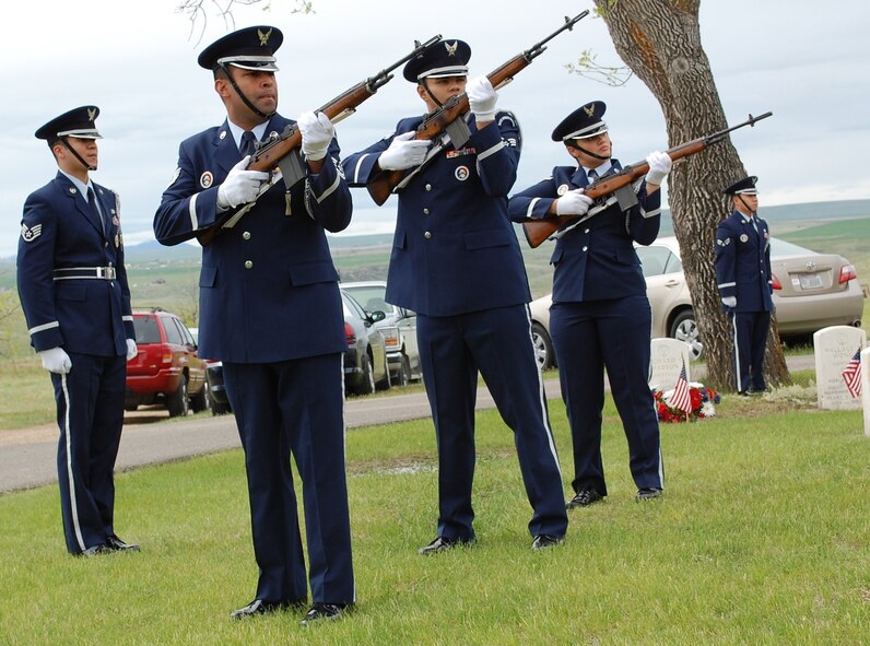 Malmstrom’s Honor Guard Firing Squad renders a gun salute at the annual Memorial Day Program May 31 at Highland Cemetery. (U.S. Air Force Photo/Airman 1st Class Kristina Overton)