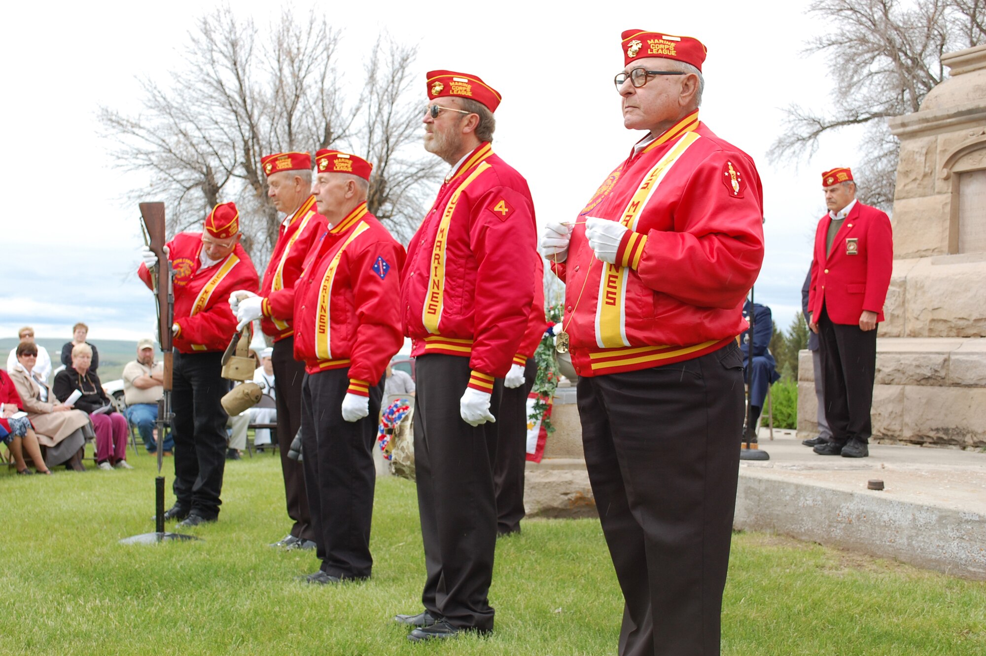 The Great Falls Marine Corps League conducted a Helmet and Rifle ceremonial tribute in honor of fallen comrades who died serving their country at the 142nd Annual Memorial Day Program May 31. The inverted rifle, helmet, combat boots, and identification tags all signify fallen soldiers, and the display remained for the entirety of the ceremony at Highland Cemetery. (U.S. Air Force Photo/Airman 1st Class Kristina Overton)