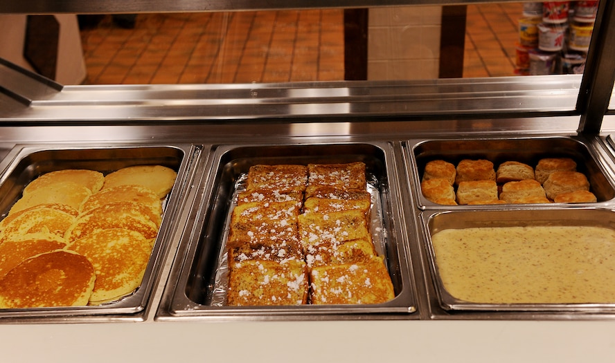 MOODY AIR FORCE BASE, Ga. -- Pancakes, French toast, biscuits, and hash browns sit on the food line waiting to be selected by a hungry Airman for breakfast here May 25. The dining facility serves up to a 100 plus airmen during breakfast rush. (U.S. Air Force photo by Airman 1st Class Joshua Green/RELEASED)