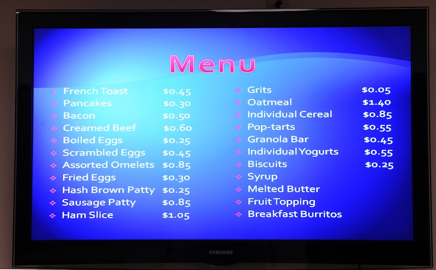 MOODY AIR FORCE BASE, Ga. -- The dining facility breakfast menu gives a list of foods being served for the morning here May 25. The menu has a variety of breakfast items to choose from to satisfy certain breakfast needs. (U.S. Air Force photo by Airman 1st Class Joshua Green/RELEASED)