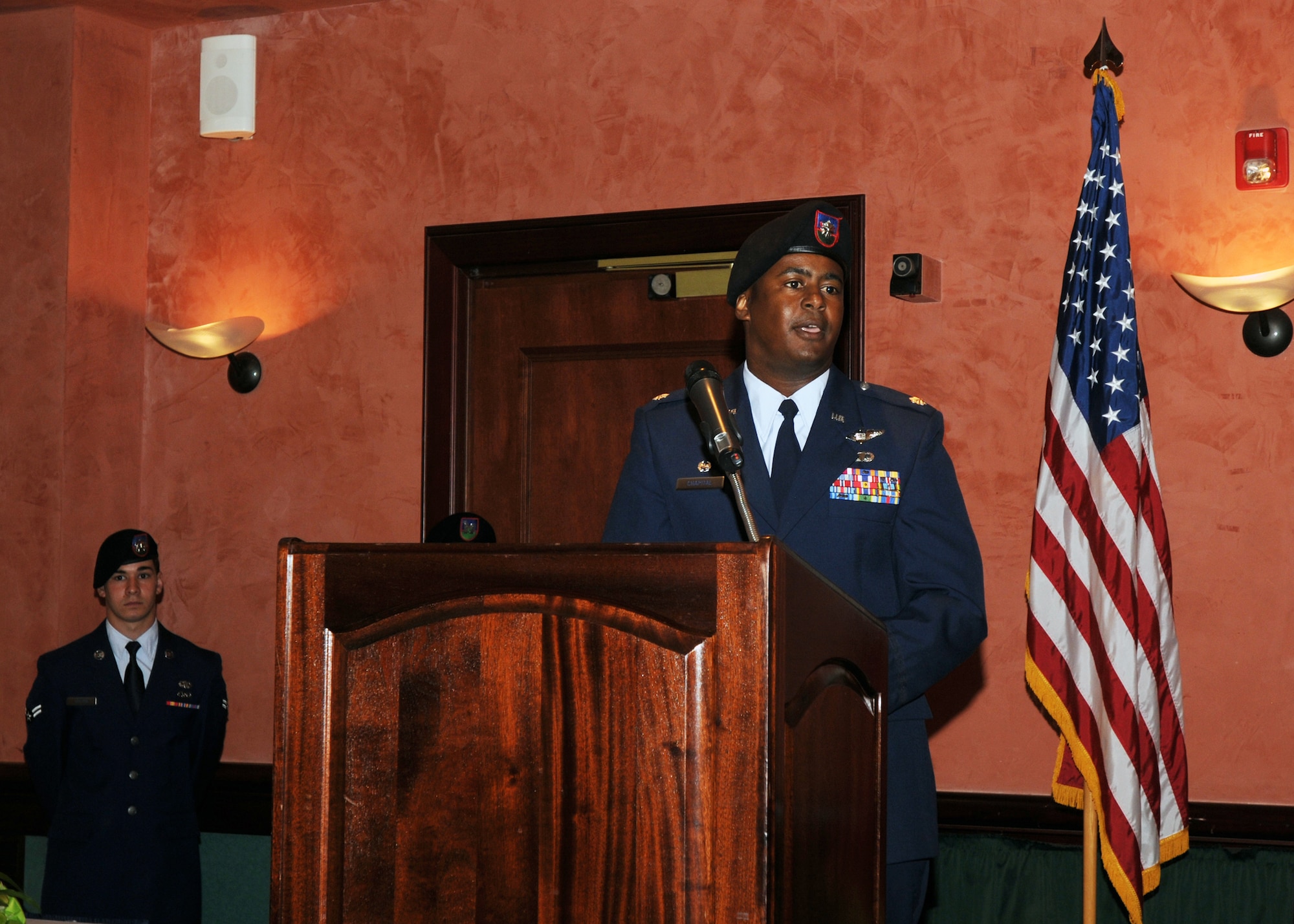 Lt. Col. Eric Chapital, 8th Air Support Operation Squadron commander, addresses his unit for the first time during the squadron's change of command ceremony June 4 at the La Bella Vista club. Lt. Col. Chapital, who came from Seymour Johnson Air Force Base, NC., replaced Lt. Col. Matthew Foley who is going to the 82nd Airborne Division, Fort Bragg, NC. (U.S. Air Force photo/ Staff Sgt. Taylor Marr) 