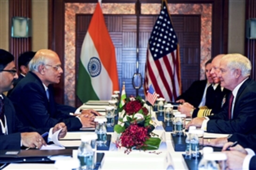 U.S. Defense Secretary Robert M. Gates talks with India's National Security Advisor Shiv Shankar Menon during a bilateral meeting at the 9th International Institute for Strategic Studies Security Summit: The Shangri-La Dialogue, Singapore, June 4, 2010.