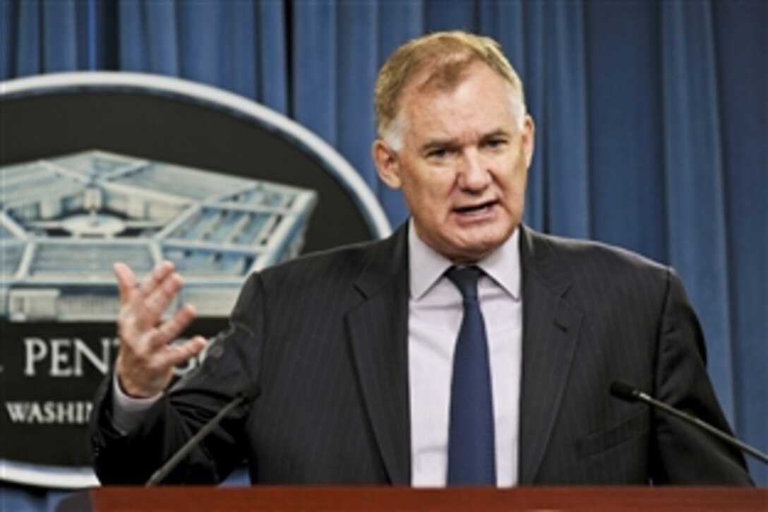 Deputy Defense Secretary William J. Lynn III explains new initiatives within the Defense Department to reduce overhead and improve efficiencies during a press briefing at the Pentagon, June 4, 2010.