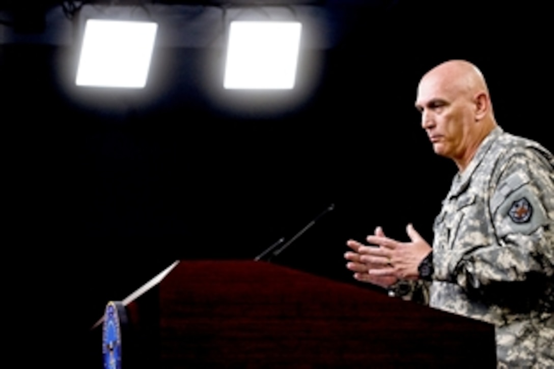 U.S. Army Gen. Ray Odierno, commander of U.S. Forces Iraq, gives an operational update on Iraq during a press briefing at the Pentagon, June 4, 2010.

