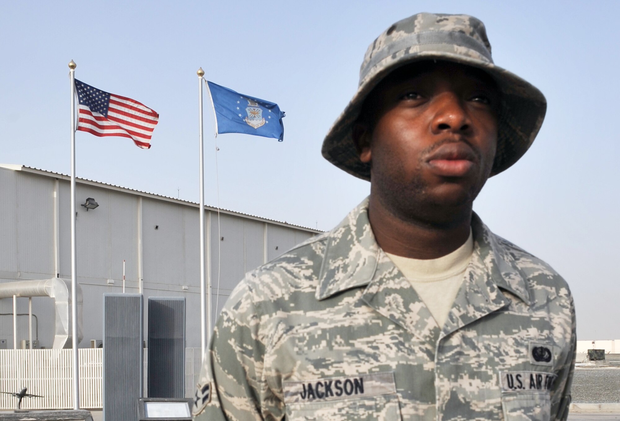 Airman 1st Class Andre Jackson is a services journeyman deployed to the 380th Expeditionary Force Support Squadron at a non-disclosed base in Southwest Asia. Airman Jackson is a New Jersey Air National Guard Airman and is deployed from the 108th Force Support Squadron, 108th Air Refueling Wing, Joint Base McGuire-Dix-Lakehurst, N.J., and his hometown is Burlington, N.J. Here he is pictured on June 2, 2010, at his deployed base. As a services craftsman with the 380th EFSS, Airman Jackson supports the morale, welfare, fitness and recreation of more than 1,900 deployed service members for the 380th Air Expeditionary Wing. (U.S. Air Force Photo/Master Sgt. Scott T. Sturkol/Released)
