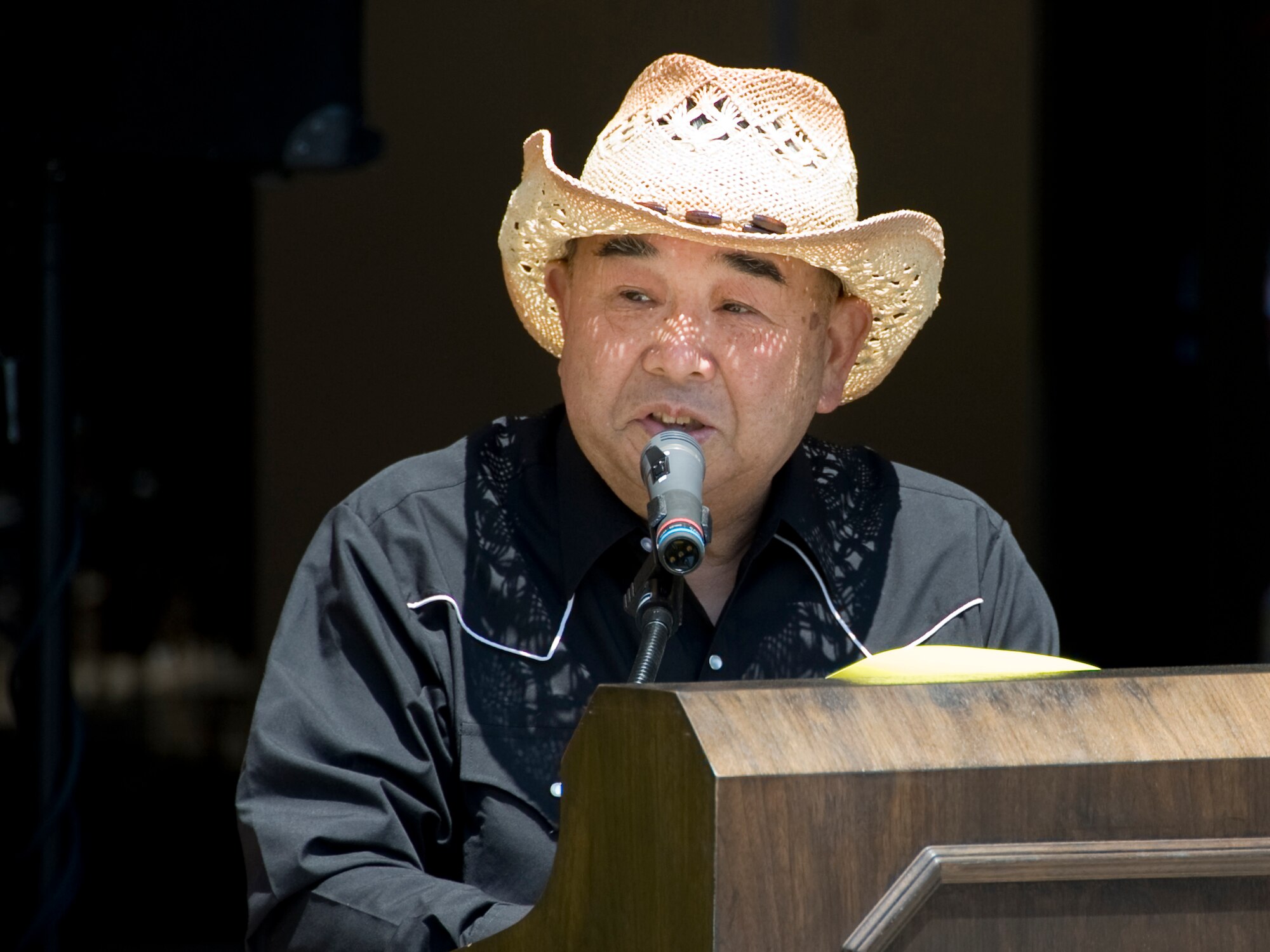 MISAWA CITY, Japan -- Misawa City Mayor Kazumasa Taneichi gives remarks during the 22nd Annual American Day opening ceremony June 6 at the Misawa Civic Center. With this year's American Day theme being "Wild Wild West," Mayor Taneichi commented on being sheriff for the day. (U.S. Air Force photo/Senior Airman Jamal D. Sutter)