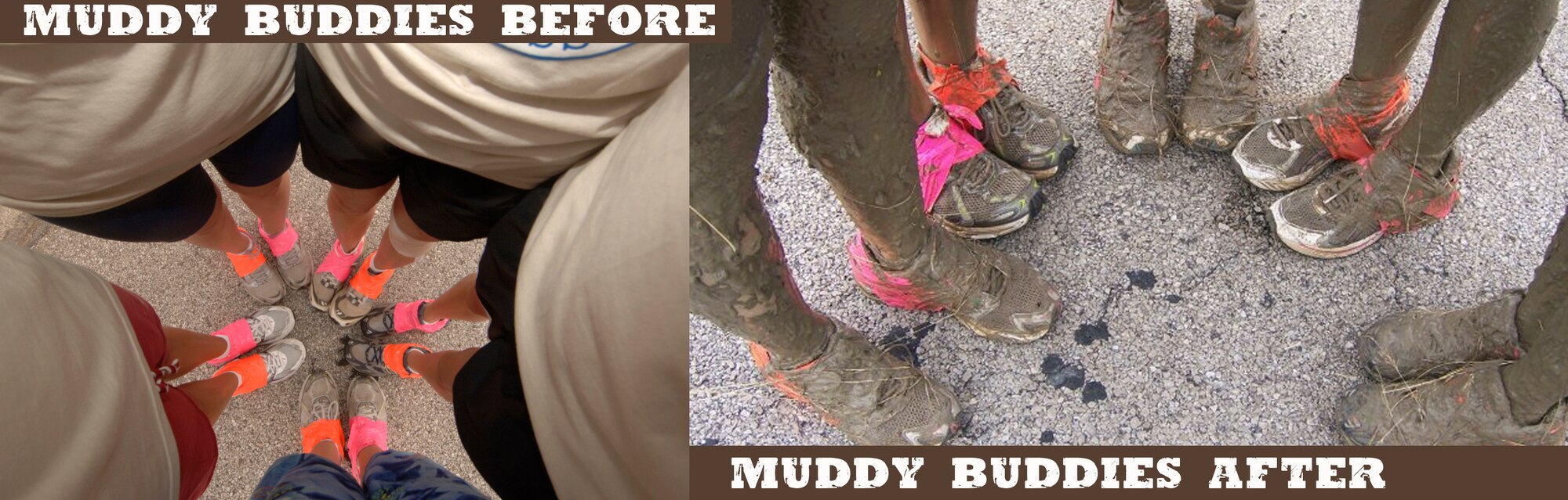 One of several "Team Muddy Buddies" document their before and after photos after having run 3.2 miles through muck, mud and hay.  More than 1,000 runners competed in the second annual USO Mud Run at Mid-America Airport June 5, 2010. Members of Scott's 375th Civil Engineering Squadron helped construct the course and ensured its "mudworthiness" and numerous base volunteers assisted with the event. (Photo by Karen Petitt/375th AMW/PA)