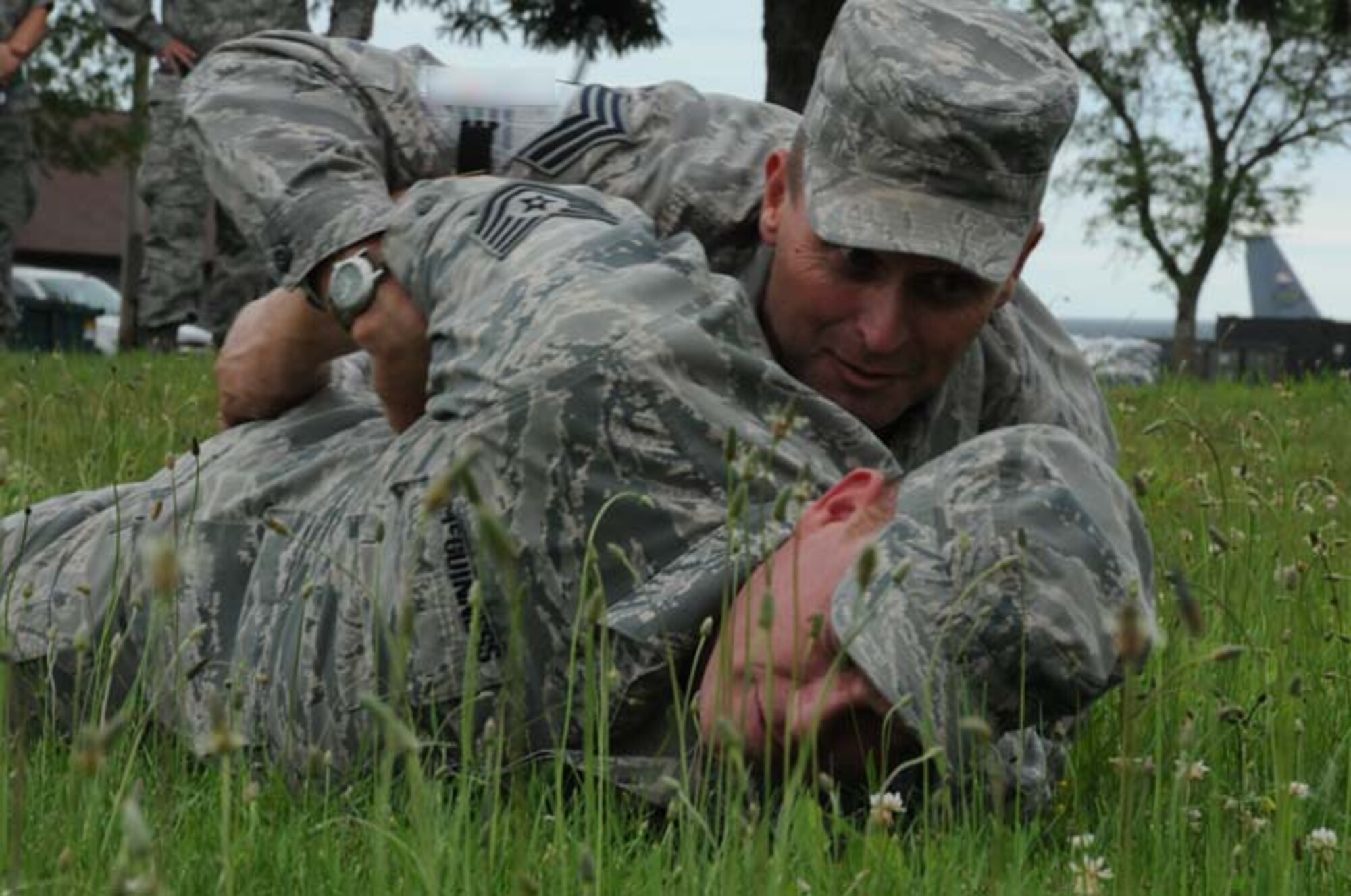 Command Chief Master Sgt. Greg Nelson shows that he has what it takes to stop an intruder. Chief Nelson, along with 250 other Airmen from the 916th Air Refueling Wing, are exercising at Volk Field, Wisconsin for their Operational Readiness Inspection. (USAF photo by TSgt. Scotty Sweatt, 916ARW/PA)