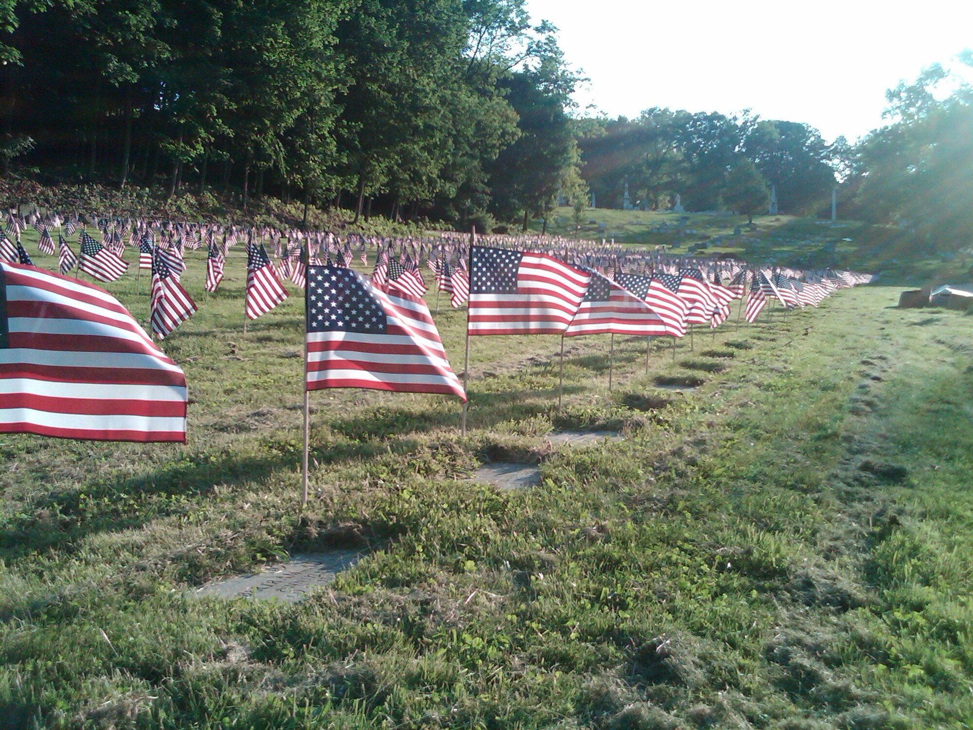 Numerous Airmen from the 911th Airlift Wing in Coraopolis helped place approximately 8,000 flags on the graves of veterans at the Alleghany National Cemetery here in Pittsburgh May 24-27, 2010. The week-long event began each night at 6 p.m. and was held rain or shine.  The Allegheny Cemetery located in Lawrenceville, PA has a small group of veterans and civilians volunteer their time to place flags on these graves every year. (Photo by Senior Airman Jeremy M. Tank, 911th Mission Support Group)