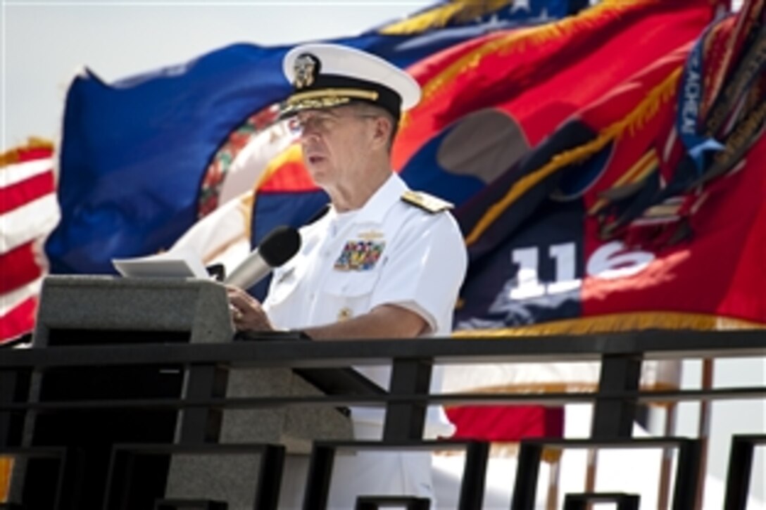 U.S. Navy Adm. Mike Mullen, chairman of the Joint Chiefs of Staff, addresses audience members at the National D-Day Memorial in Bedford, Va., June 6, 2010, celebrating the 66th anniversary of the allied invasion of France during World War II.