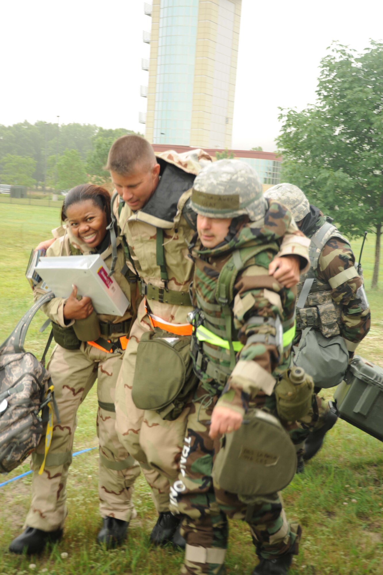 Facility equipment malfunctioned and smoke filled the ECT. A "bugout" procedure was called and the entire room was cleared and evacuated to a nearby bunker. The evacuation was orderly and all members were accounted for, but one Airman sustained a injury later identified as a broken leg. Buddy care was started and a splint was applied while other personnel continued to monitor the activities of other locations at the base. The Airman receiving this simulated injury was later transported to the medical squadron for further care. (Air Force photo by Jerry Green)
