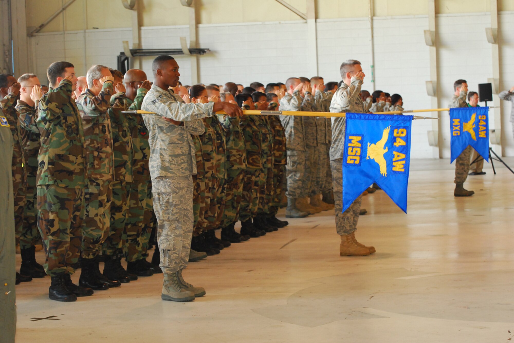 Airmen of the 94th Mission Support Group stand proud and tall during the presentation of colors at the 94th Airlift Wing’s change of command ceremony June 5.  (U.S. Air Force photo/Master Sgt. Stan Coleman)