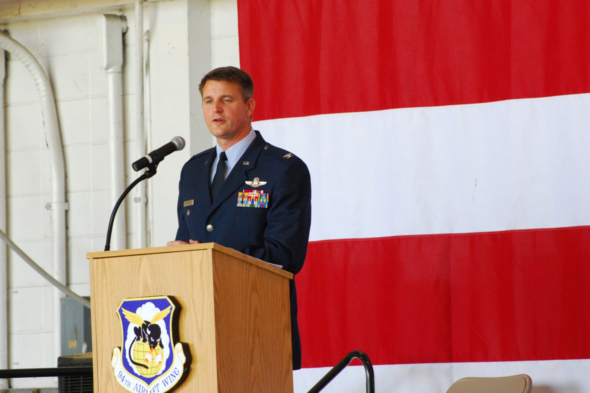 Col. Heath J. Nuckolls, outgoing commander of the 94th Airlift Wing, gives his words of appreciation to the Airman of the 94th AW for their performance and accomplishments during his command.  (U.S. Air Force photo/Master Sgt. Stan Coleman)