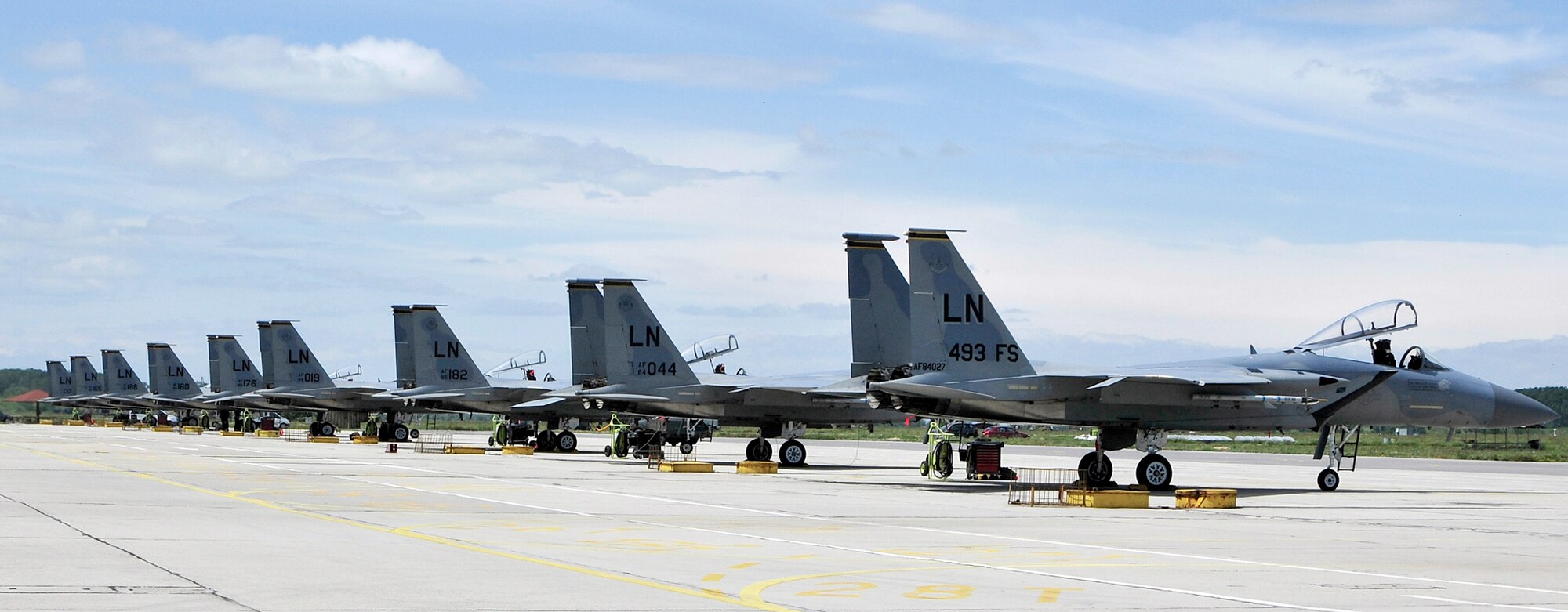 F-15 Eagles from the 493rd Fighter Squadron line the flightline May 18, 2010. Airmen from the 493rd FS are taking part in Anatolian Eagle from June 7 to June 17, at the Third Main Jet Base in Konya, Turkey. The exercise will test their ability to integrate into a large-scale, multinational team with five countries and NATO. (U.S. Air Force photo/Airman 1st Class Tiffany Deuel)