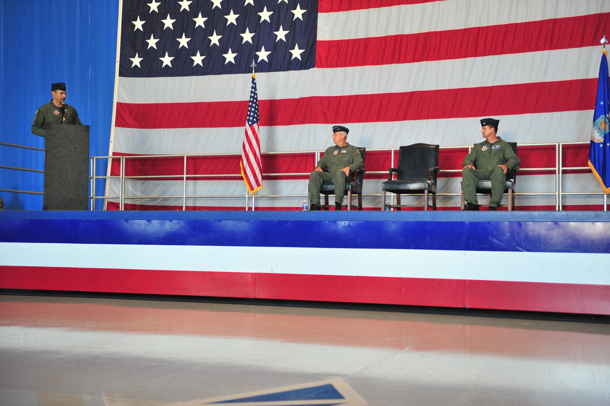 100605-F-8430J-101
SHAW AIR FORCE BASE, S.C. -- Colonel Joseph Guastella gives his farewell speech during the change of command on June 4, 2010. Airmen of the 20th Fighter Wing came together in Hangar 1200 here to welcome their new commander. Colonel Charles Moore took over command of the 20th FW from Col. Joseph Guastella at a ceremony officiated by Maj. Gen. William Holland, 9th Air Force commander. (U.S. Air Force photo/Airman 1st Class Amber E. Jacobs)

