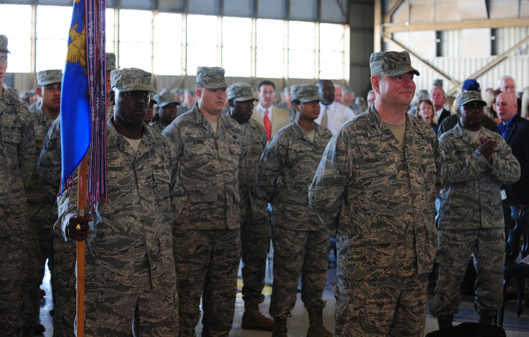 100604-F-6838W-037
SHAW AIR FORCE BASE, S.C. -- The 20th Fighter Wing formation stands by during the change of command ceremony June 4, 2010. Airmen of the 20th FW came together in Hangar 1200 here to welcome their new commander. Colonel Charles Moore took over command of the 20th FW from Col. Joseph Guastella at a ceremony officiated by Maj. Gen. William Holland, 9th Air Force commander. (U.S. Air Force photo/Airman 1st Class Neil D. Warner)
