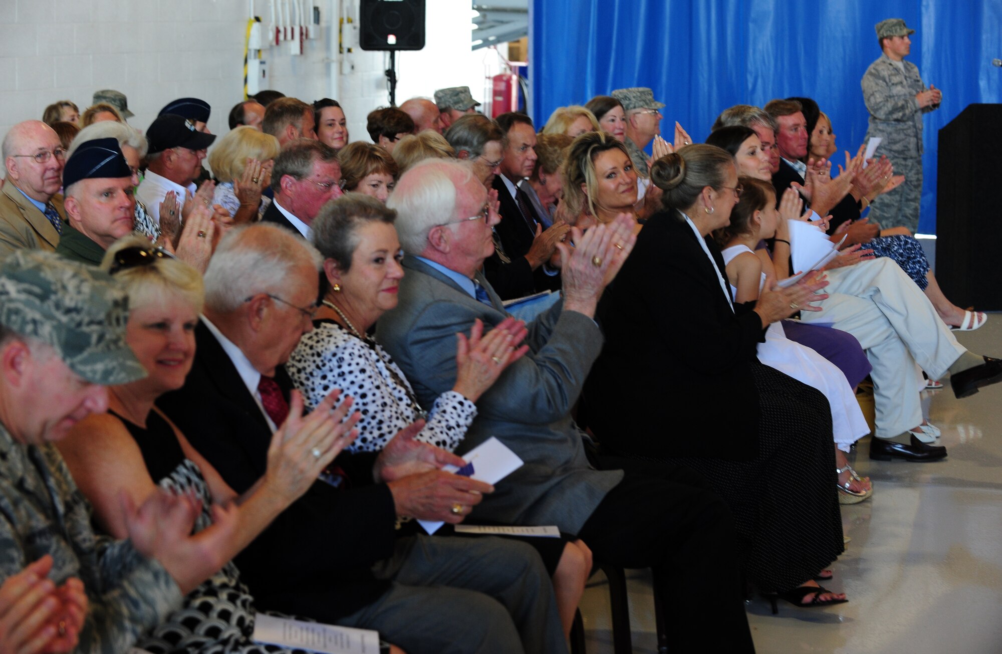 100604-F-6838W-029
SHAW AIR FORCE BASE, S.C. -- The audience applauds during the change of command ceremony June 4, 2010. Airmen of the 20th Fighter Wing came together in Hangar 1200 here to welcome their new commander. Colonel Charles Moore took over command of the 20th FW from Col. Joseph Guastella at a ceremony officiated by Maj. Gen. William Holland, 9th Air Force commander. (U.S. Air Force photo/Airman 1st Class Neil D. Warner)
