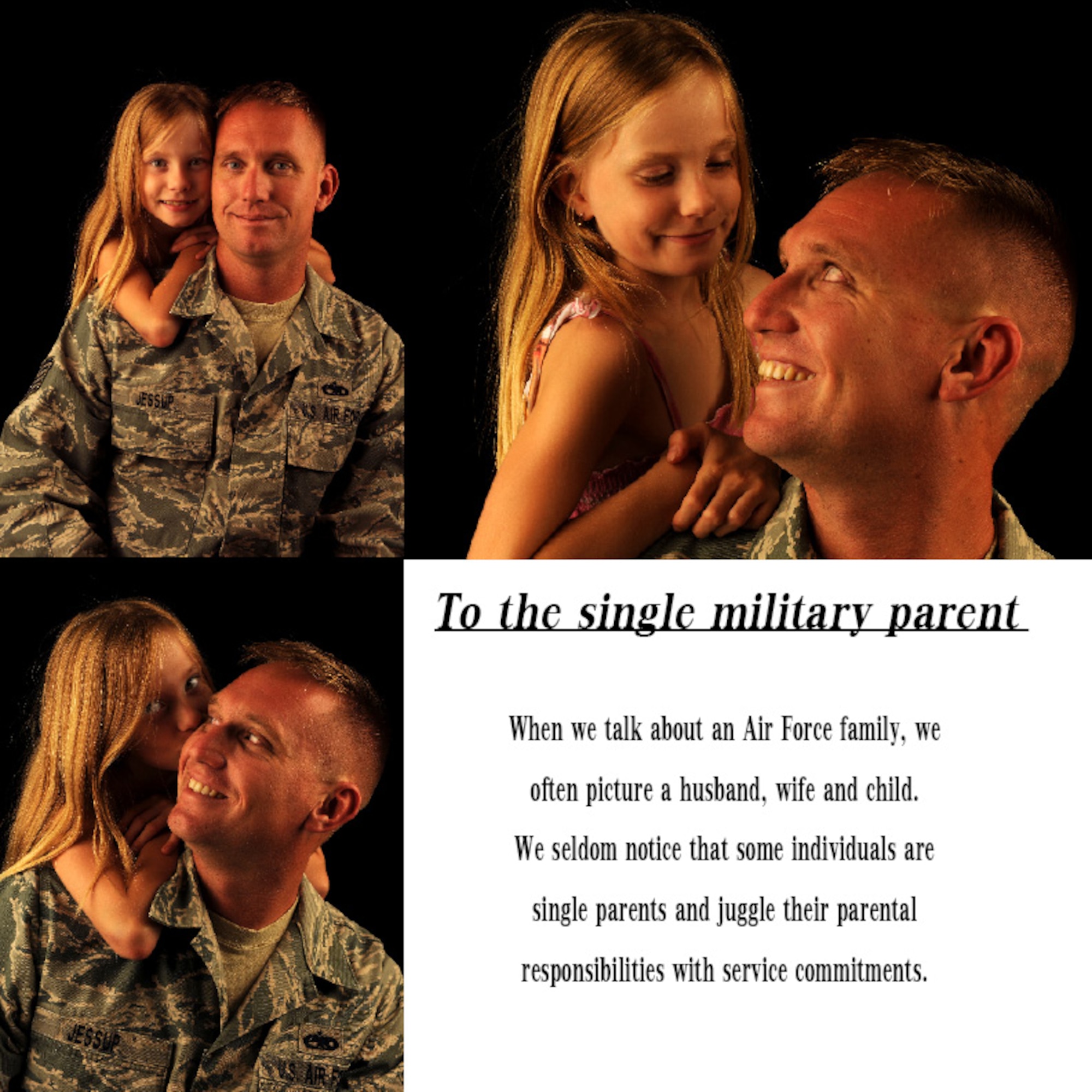 MOODY AIR FORCE BASE, Ga. -- Tech. Sgt. James Jessup, 23rd Aircraft Maintenance Squadron flightline expediter, is performing not only the duties of an Airman, but is also raising his daughter Ashlyn Jae Jessup.  It’s now a little easier thanks to the Single Parents Group, a newly formed group designed to provide Moody’s single parents a network to interact with each other. (U.S. Air Force illustration by Airman 1st Class Joshua Green/RELEASED)