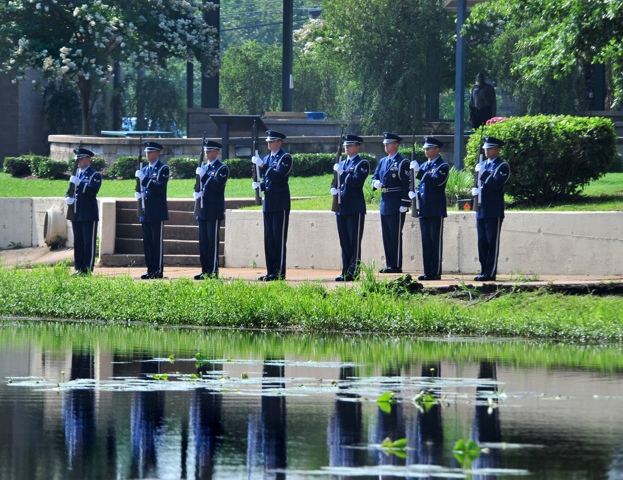 100602-F-8430J-645
SHAW AIR FORCE BASE, S.C. - Members of the Shaw Air Force Base Honor Guard at the Fallen Airmen Memorial dedication ceremony June 2, 2010. The Fallen Airmen Memorial is dedicated to all Airmen who have died in combat. The memorial will be a living monument, so it can be adjusted at any time as combat goes on and wars come and go. (U.S. Air Force photo/Airman 1st Class Amber E. N. Jacobs)