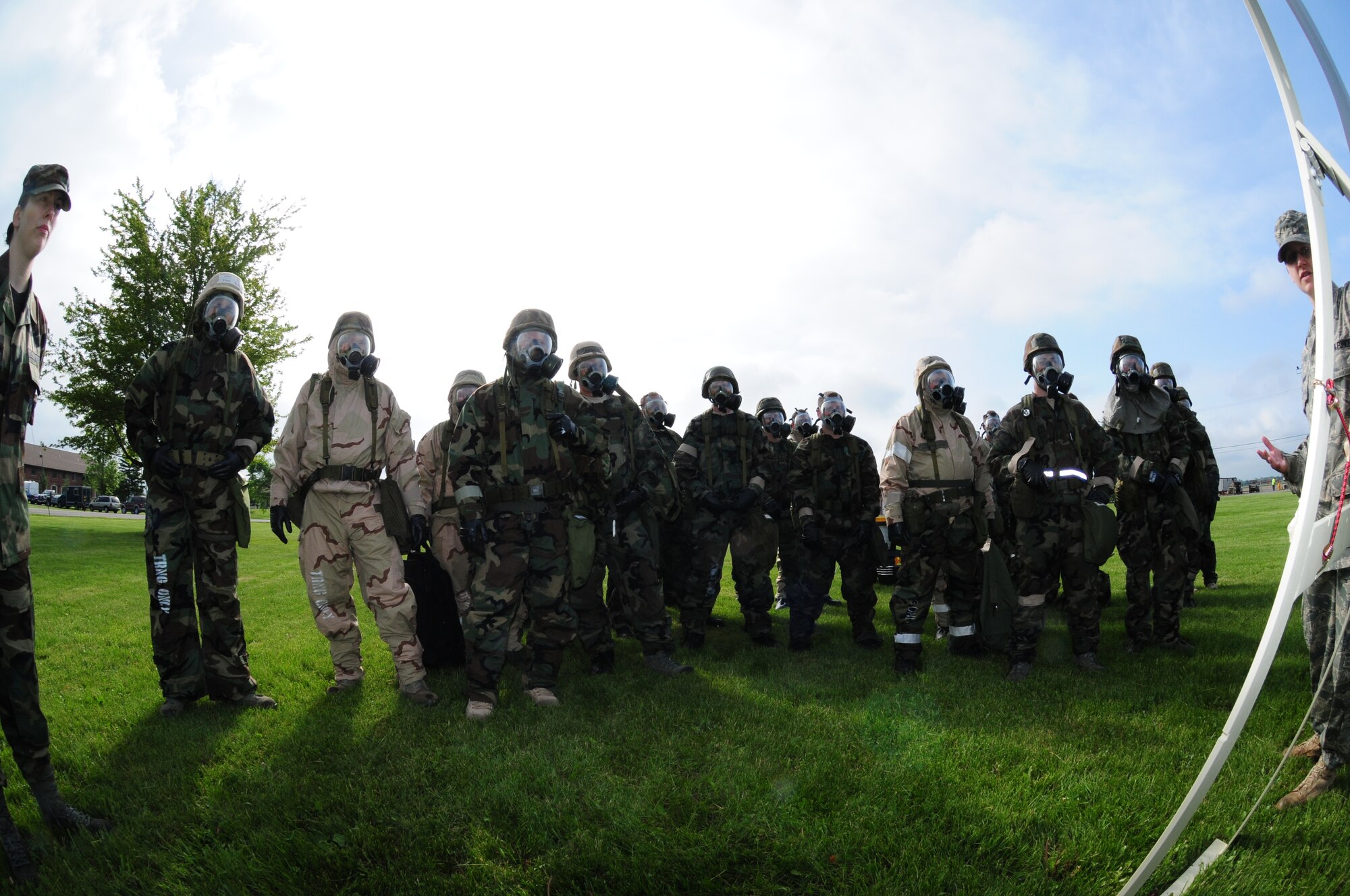 914th Airlift Wing Airmen train in their Mission Oriented Protective Posture suits during the June Unit training assembly June 4 at the Niagara Falls Air Reserve Station, Niagara Falls, NY. Incase of a chemical, biological or nuclear attack, all Airmen are required complete MOPP training in full gear before a deployment to a warzone.