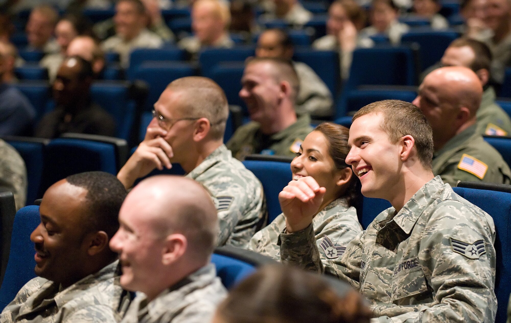 Team Dover members received a dose of 'Comedy is the Cure,' a new way of educating and entertaining in the one-hour presentation by comedian Bernie McGrenanhan June 3 and 4 at the Dover Air Force Base Theater. (U.S. Air Force photo/Jason Minto)