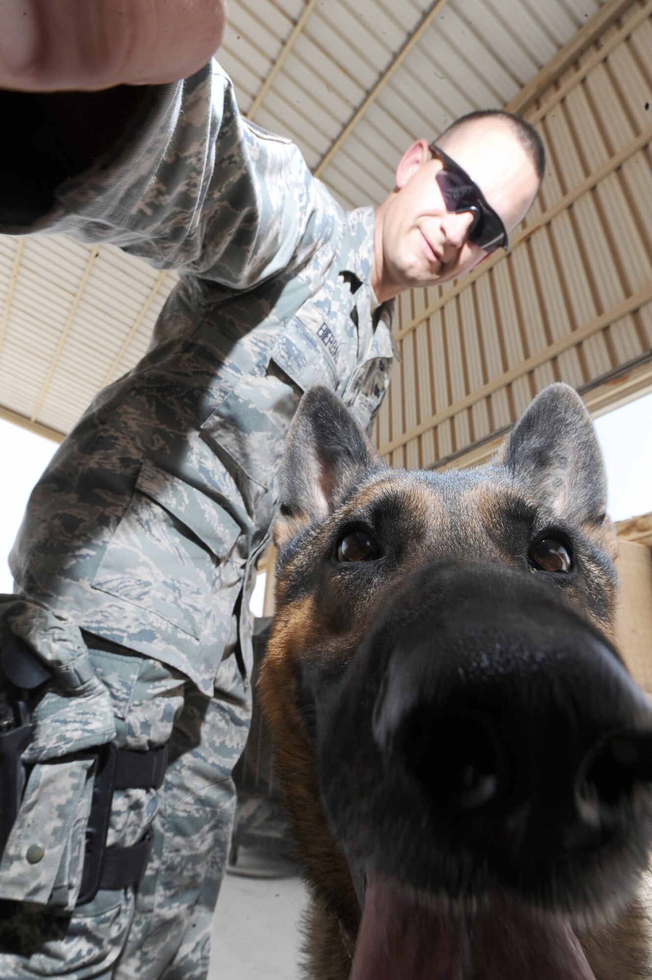 Staff Sgt. Jonathan Bierbach and Deni perform a random anti-terrorism measure inspection April 9, 2010, at an air base in Southwest Asia. Sergeant Bierbach is a 379th Expeditionary Security Forces Squadron military working dog handler. Deni is a 379th ESFS military working dog. (U.S. Air Force photo/Senior Airman Kasey Zickmund)