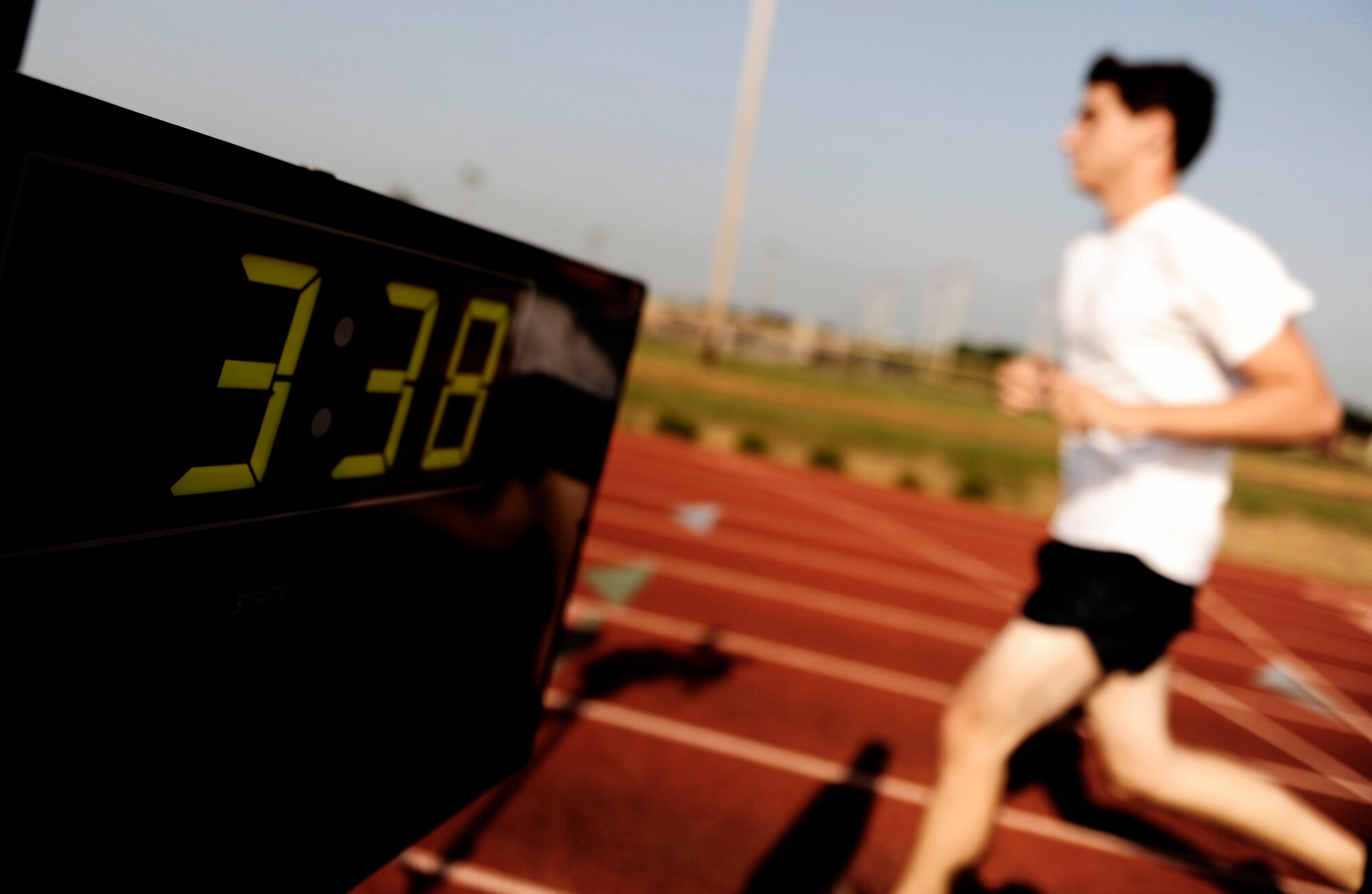 A Battlefield Airman trainee finishes his second lap in the 1.5 mile run portion of the physical ability and stamina test June 2, 2010 at Little Rock Air Force Base, AR. Future Airmen, currently in the delayed entry program, were given the opportunity to train with Air Force combat controllers, pararescuemen and various other special operations career fields. The training is designed to better prepare them for the indoctrination course that they will go through for their specific career field. (U.S. Air Force photo/ Senior Airman Ryan Crane)