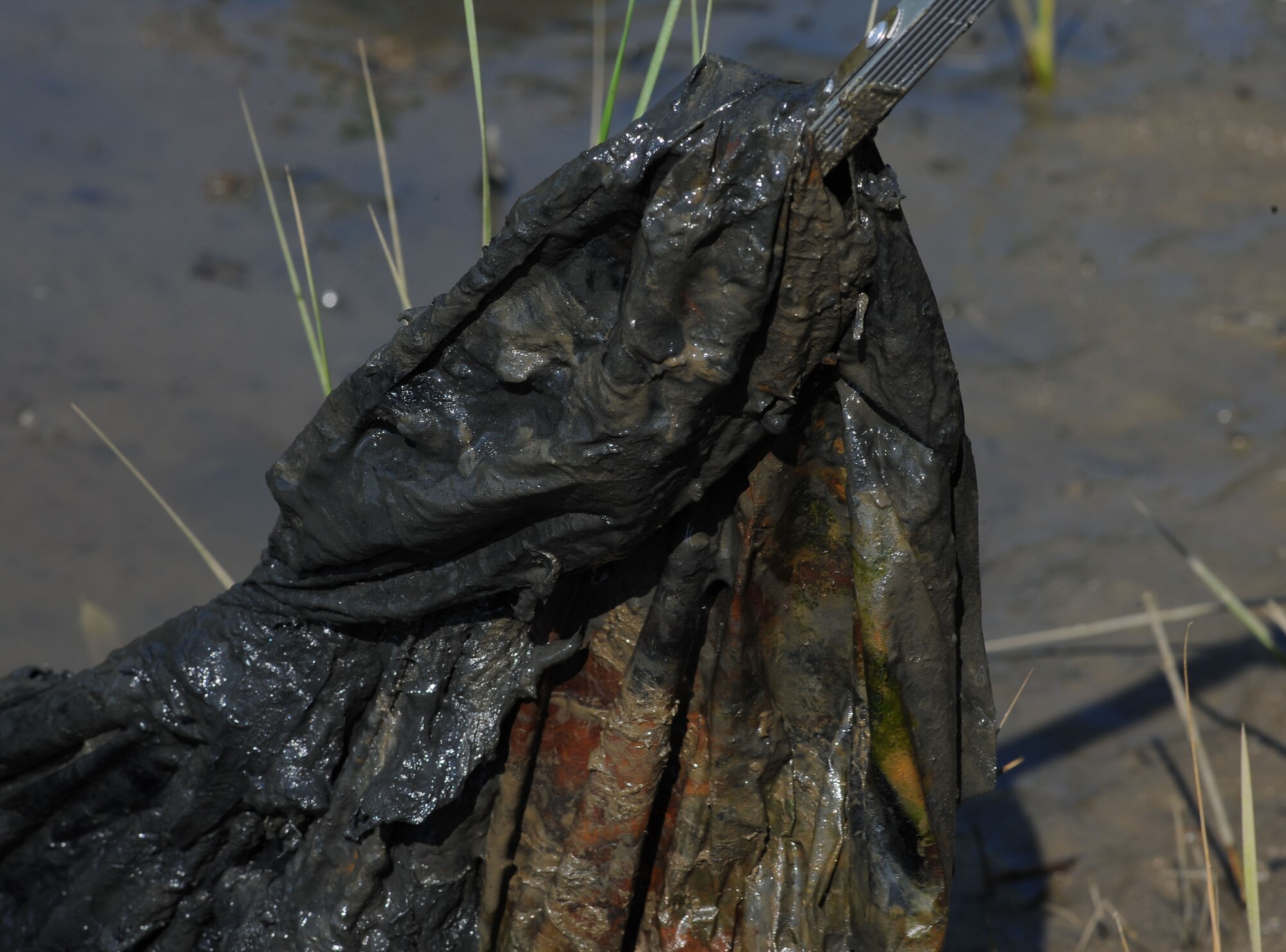 LANGLEY AIR FORCE BASE, Va. – A Langley volunteer removes a trash bag from a stream during Langley's annual Clean the Bay Day June 5.  Volunteers collected more than 8,000 pounds of trash during the three-hour clean-up.  (U.S. Air Force photo/Staff Sgt. Barry Loo)