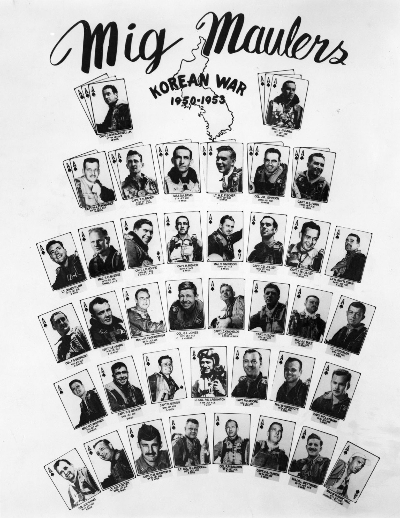Thirty-nine USAF F-86 pilots (and one Marine Corps exchange pilot) became Korean War aces. Not pictured is 1st Lt. (later Lt. Gen.) Charles Cleveland, who belatedly received credit for his fifth kill in 2008. (U.S. Air Force photo)